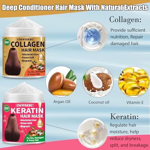 Collagen & Keratin Hair Mask Set for Damaged Hair – Deep Conditioner with Argan Oil & Vitamin E, Natural Hydrating Treatment for Dry, Curly, Color-Treated Hair (2 x 5 Fl Oz, Gold & Hot Pink) - görsel 4