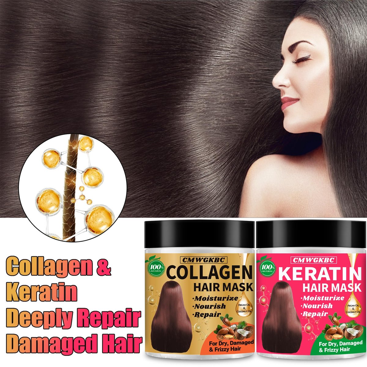 Collagen & Keratin Hair Mask Set for Damaged Hair – Deep Conditioner with Argan Oil & Vitamin E, Natural Hydrating Treatment for Dry, Curly, Color-Treated Hair (2 x 5 Fl Oz, Gold & Hot Pink) - görsel 9