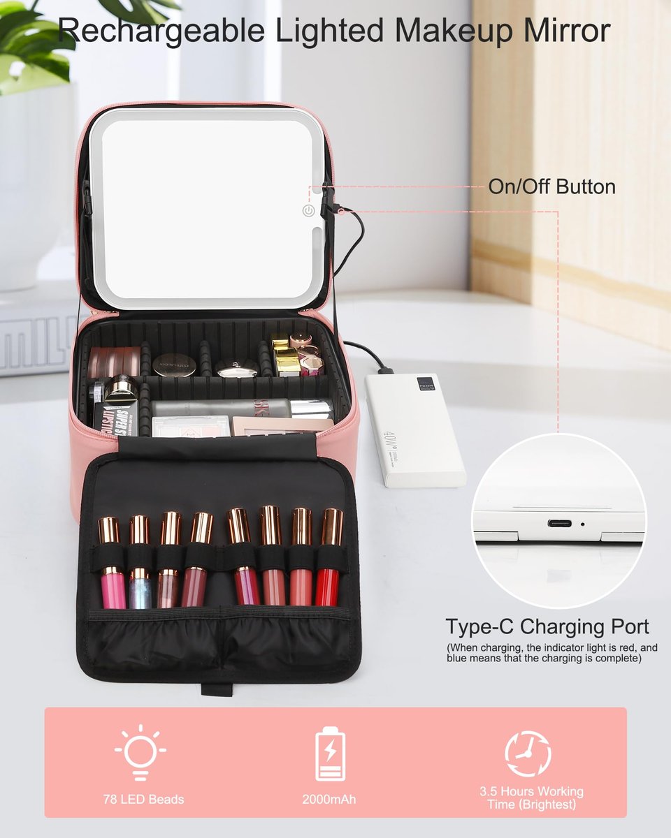 Relavel Makeup Bag with LED Mirror – Travel Makeup Case with Rechargeable Lighted Mirror, 3 Color Lights, Dual Layer Cosmetic Box, Leather Pink - görsel 9