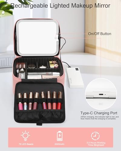 Relavel Makeup Bag with LED Mirror – Travel Makeup Case with Rechargeable Lighted Mirror, 3 Color Lights, Dual Layer Cosmetic Box, Leather Pink - görsel 10