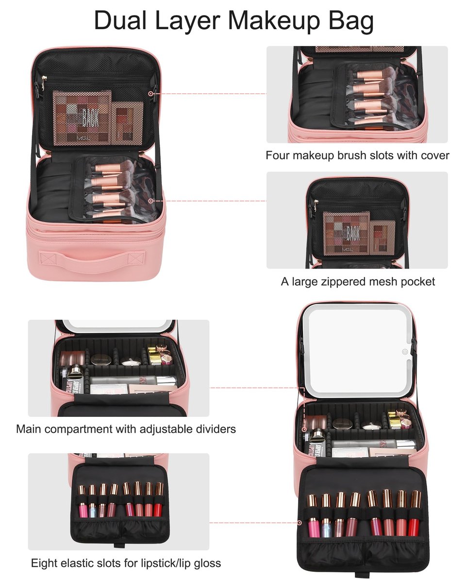 Relavel Makeup Bag with LED Mirror – Travel Makeup Case with Rechargeable Lighted Mirror, 3 Color Lights, Dual Layer Cosmetic Box, Leather Pink - görsel 3