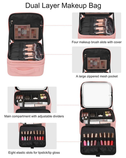 Relavel Makeup Bag with LED Mirror – Travel Makeup Case with Rechargeable Lighted Mirror, 3 Color Lights, Dual Layer Cosmetic Box, Leather Pink