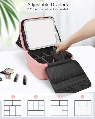 Relavel Makeup Bag with LED Mirror – Travel Makeup Case with Rechargeable Lighted Mirror, 3 Color Lights, Dual Layer Cosmetic Box, Leather Pink - görsel 6