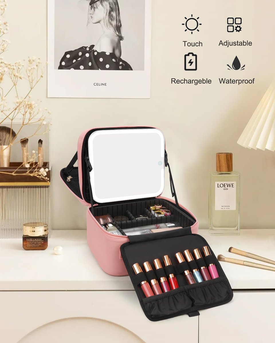 Relavel Makeup Bag with LED Mirror – Travel Makeup Case with Rechargeable Lighted Mirror, 3 Color Lights, Dual Layer Cosmetic Box, Leather Pink - görsel 15