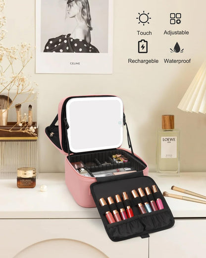 Relavel Makeup Bag with LED Mirror – Travel Makeup Case with Rechargeable Lighted Mirror, 3 Color Lights, Dual Layer Cosmetic Box, Leather Pink