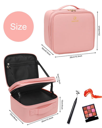 Relavel Makeup Bag with LED Mirror – Travel Makeup Case with Rechargeable Lighted Mirror, 3 Color Lights, Dual Layer Cosmetic Box, Leather Pink