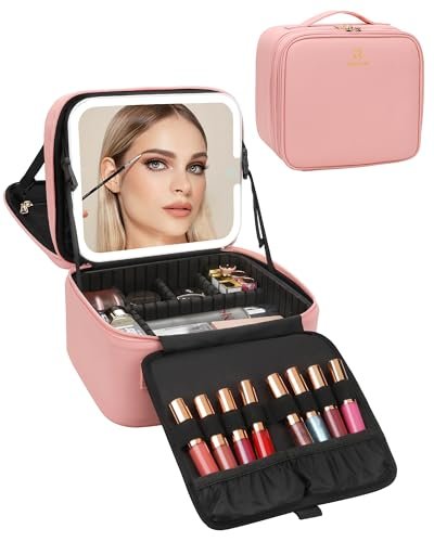 Relavel Makeup Bag with LED Mirror – Travel Makeup Case with Rechargeable Lighted Mirror, 3 Color Lights, Dual Layer Cosmetic Box, Leather Pink - görsel 2