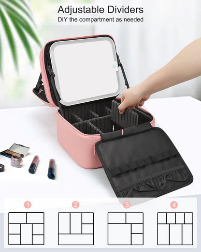 Relavel Makeup Bag with LED Mirror – Travel Makeup Case with Rechargeable Lighted Mirror, 3 Color Lights, Dual Layer Cosmetic Box, Leather Pink