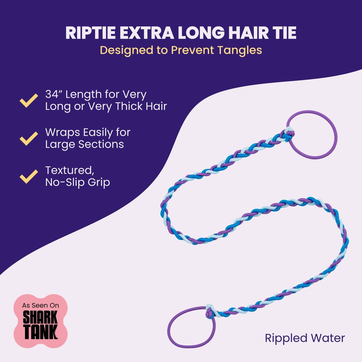 Rip Tie Extra Long Tangle-Free Hair Tie for Women – Nylon Hair Elastic for Very Long or Thick Hair – As Seen on Shark Tank – 1pc Rippled Water Avelisse