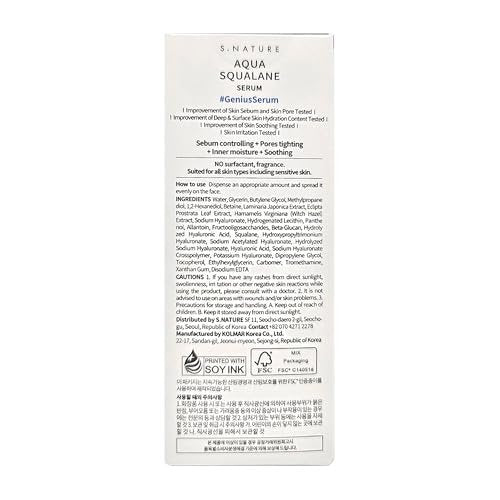 S.NATURE AQUA SQUALANE SERUM – Deeply Hydrating Facial Serum for All Skin Types, Soothing, Pore Tightening, and Sebum Control | Korean Skincare (1.69 Fl Oz) Avelisse