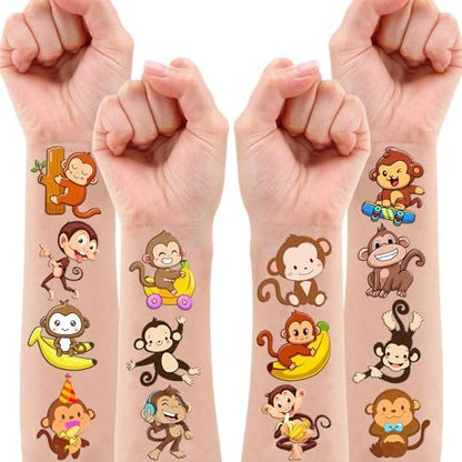 96PCS Little Monkey Temporary Tattoos for Kids - Jungle Safari Animal Tattoo Stickers - Birthday Party Favors, School Rewards, Carnival Prizes