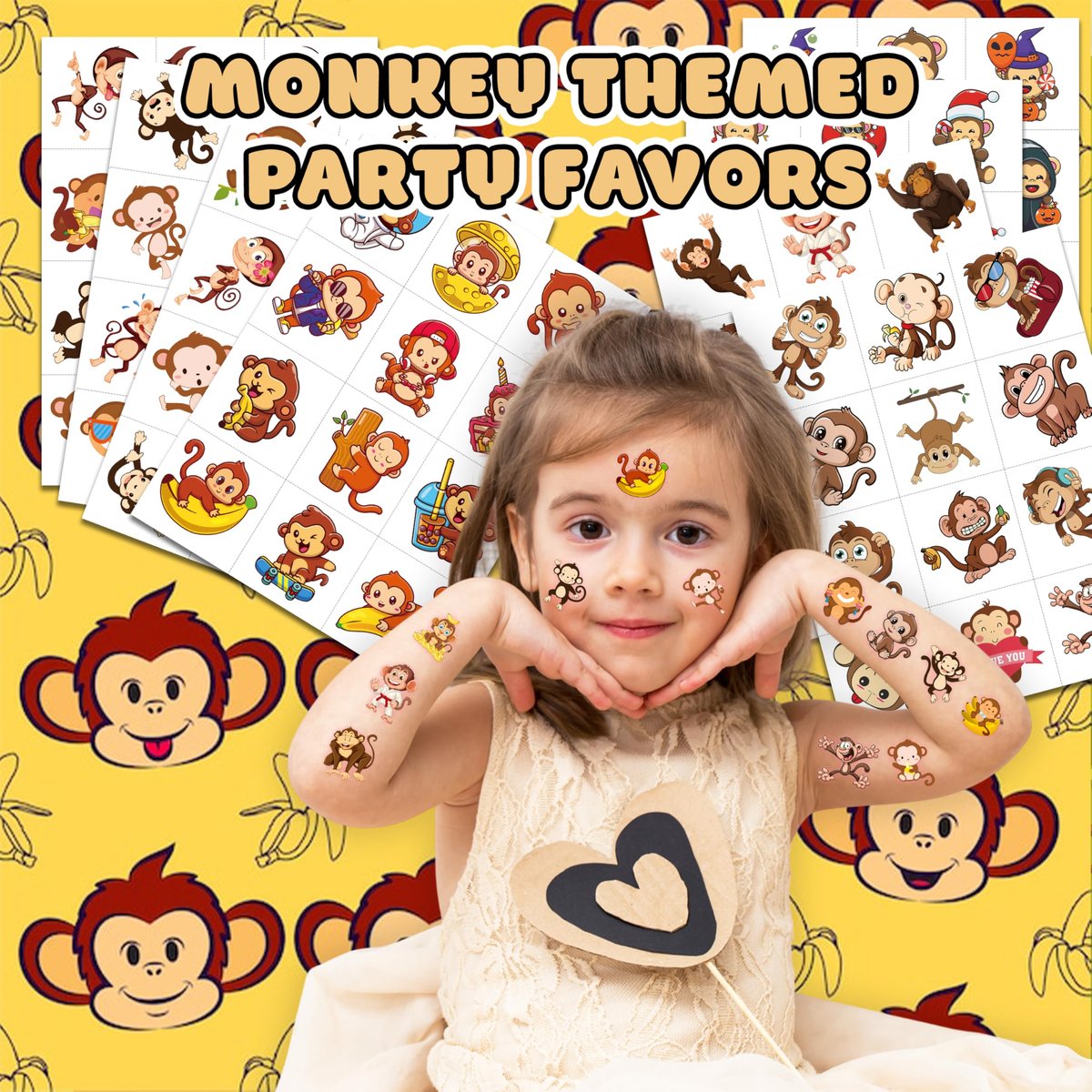96PCS Little Monkey Temporary Tattoos for Kids - Jungle Safari Animal Tattoo Stickers - Birthday Party Favors, School Rewards, Carnival Prizes - görsel 3