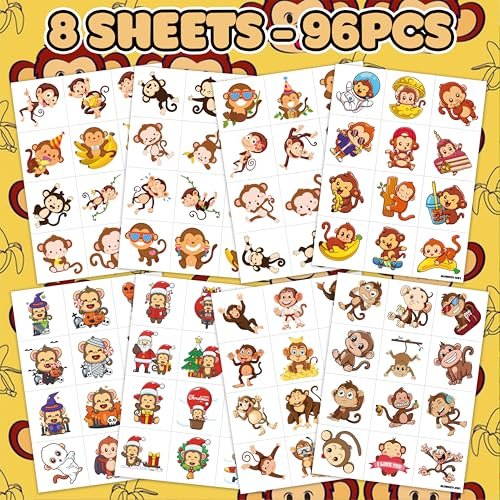 96PCS Little Monkey Temporary Tattoos for Kids - Jungle Safari Animal Tattoo Stickers - Birthday Party Favors, School Rewards, Carnival Prizes - görsel 6