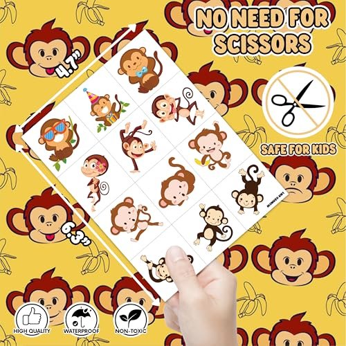 96PCS Little Monkey Temporary Tattoos for Kids - Jungle Safari Animal Tattoo Stickers - Birthday Party Favors, School Rewards, Carnival Prizes - görsel 8
