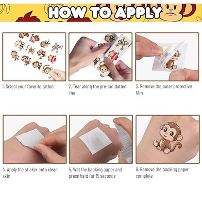 96PCS Little Monkey Temporary Tattoos for Kids - Jungle Safari Animal Tattoo Stickers - Birthday Party Favors, School Rewards, Carnival Prizes