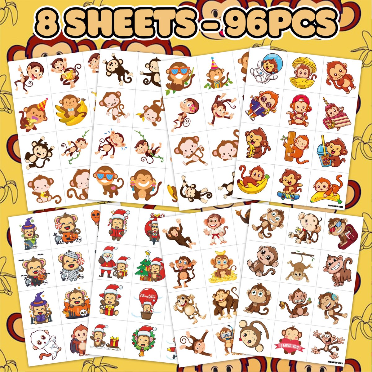 96PCS Little Monkey Temporary Tattoos for Kids - Jungle Safari Animal Tattoo Stickers - Birthday Party Favors, School Rewards, Carnival Prizes - görsel 5