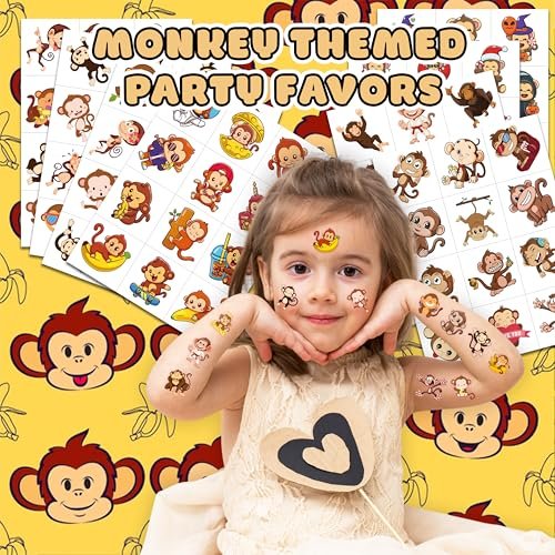 96PCS Little Monkey Temporary Tattoos for Kids - Jungle Safari Animal Tattoo Stickers - Birthday Party Favors, School Rewards, Carnival Prizes - görsel 4
