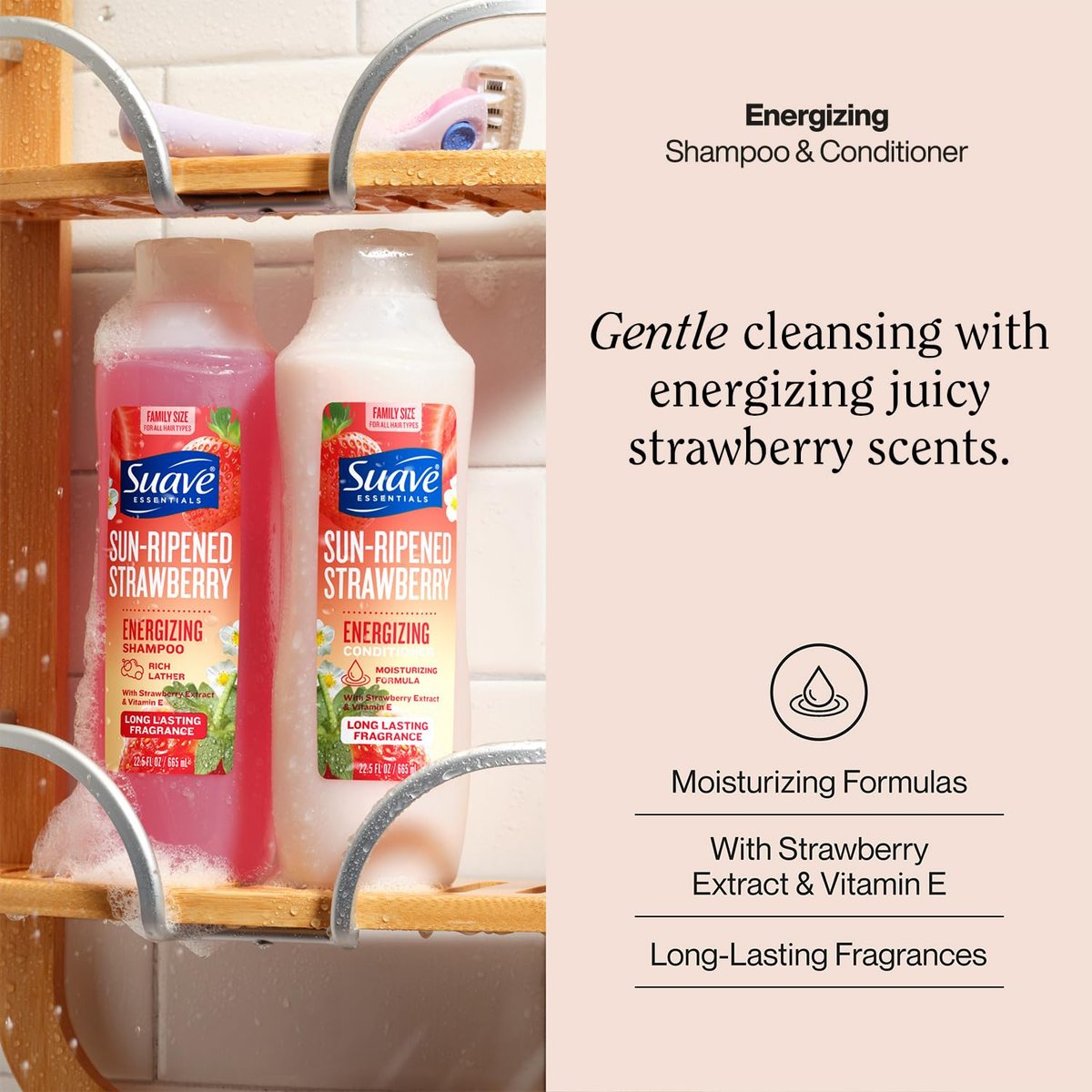 Suave Shampoo & Conditioner Set, Sun-Ripened Strawberry – Everyday Energizing Formulas with Fruit Extract & Vitamin E, 22.5 Oz Each (2 Piece Set) Avelisse
