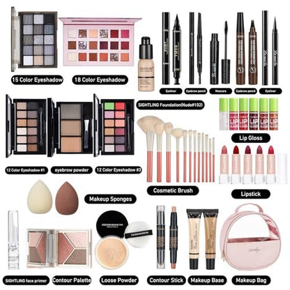 All In One Makeup Kit – Complete Travel Makeup Set for Women with Foundation, Eyeshadow Palette, Lipstick, Eyeliner, Mascara, Contour Stick & Cosmetic Brushes Avelisse
