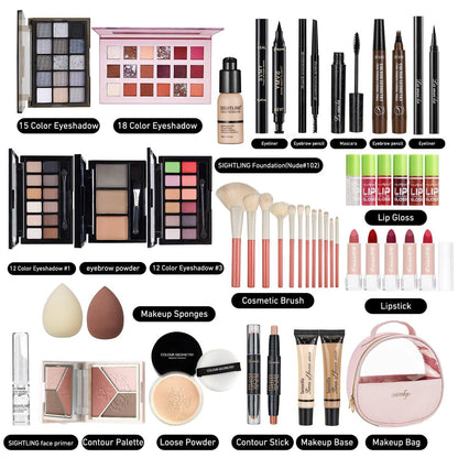All In One Makeup Kit – Complete Travel Makeup Set for Women with Foundation, Eyeshadow Palette, Lipstick, Eyeliner, Mascara, Contour Stick & Cosmetic Brushes Avelisse