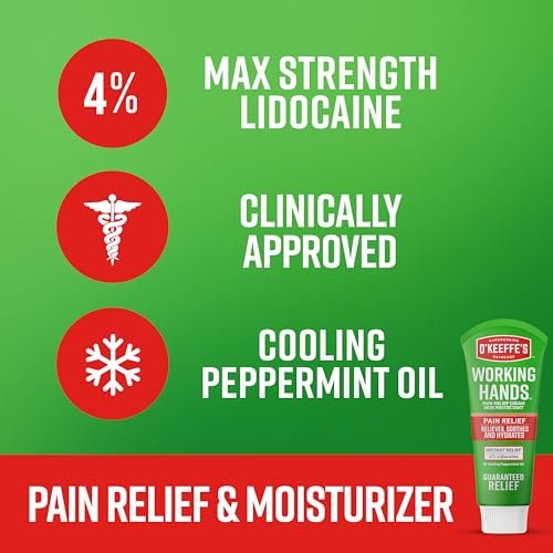 O'Keeffe's Working Hands Pain Relief Cream - 4% Lidocaine with Cooling Peppermint Oil for Instant Relief from Pain, Itching, and Dryness, 3 oz Tube Avelisse