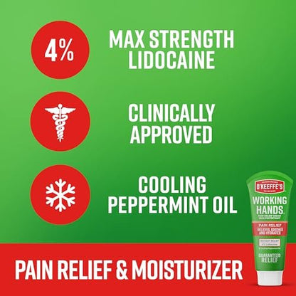 O'Keeffe's Working Hands Pain Relief Cream - 4% Lidocaine with Cooling Peppermint Oil for Instant Relief from Pain, Itching, and Dryness, 3 oz Tube Avelisse