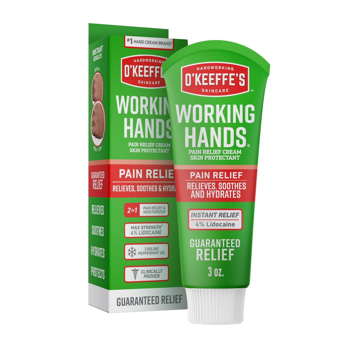 O'Keeffe's Working Hands Pain Relief Cream - 4% Lidocaine with Cooling Peppermint Oil for Instant Relief from Pain, Itching, and Dryness, 3 oz Tube Avelisse