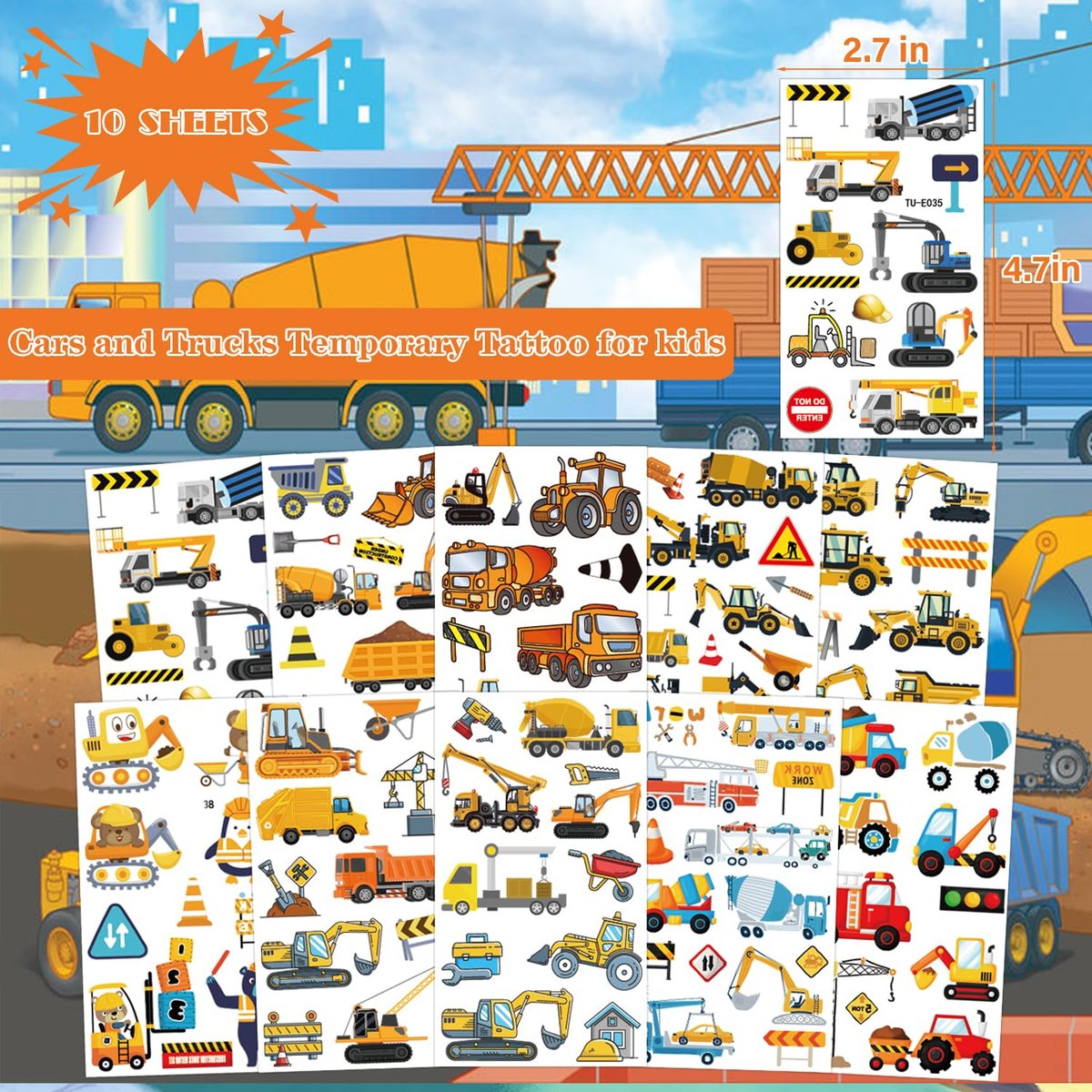 UVUXO Cars and Trucks Temporary Tattoo for Kids - 10 Sheets Construction Tractor Stickers, Birthday Party Favors for Boys and Girls - görsel 4