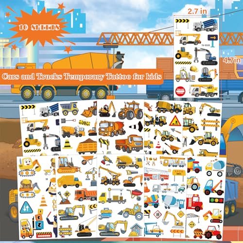 UVUXO Cars and Trucks Temporary Tattoo for Kids - 10 Sheets Construction Tractor Stickers, Birthday Party Favors for Boys and Girls - görsel 3
