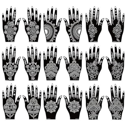 18 Sheet Henna Stencils Kit - Black Acrylic Temporary Tattoo Templates for Hands & Body