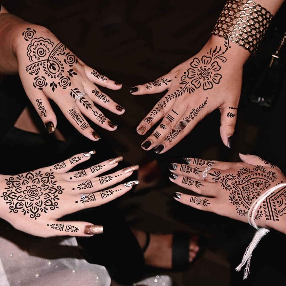 18 Sheet Henna Stencils Kit - Black Acrylic Temporary Tattoo Templates for Hands & Body - görsel 5