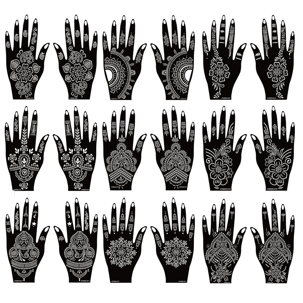 18 Sheet Henna Stencils Kit - Black Acrylic Temporary Tattoo Templates for Hands & Body - görsel 1