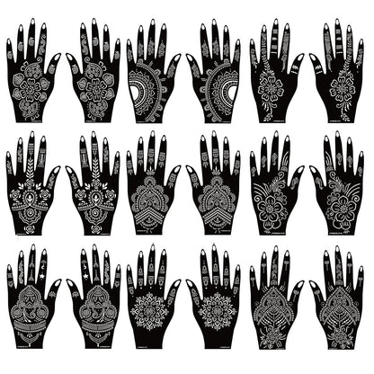 18 Sheet Henna Stencils Kit - Black Acrylic Temporary Tattoo Templates for Hands & Body