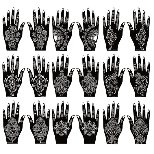 18 Sheet Henna Stencils Kit - Black Acrylic Temporary Tattoo Templates for Hands & Body