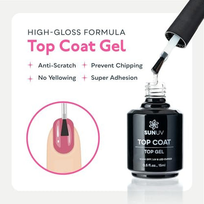 SUNUV Hema Free Gel Top Coat and Base Coat Set - 15ml Each, No Wipe High Gloss, UV Lamp Manicure Kit for Women
