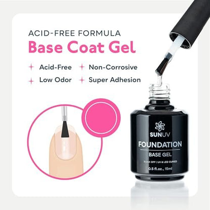 SUNUV Hema Free Gel Top Coat and Base Coat Set - 15ml Each, No Wipe High Gloss, UV Lamp Manicure Kit for Women
