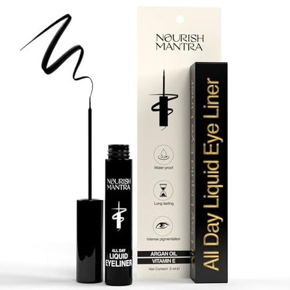 Nourish Mantra All-Day Liquid Eyeliner Waterproof 3ml – Black, Argan Oil & Vitamin E, Smudge Proof, Long Lasting