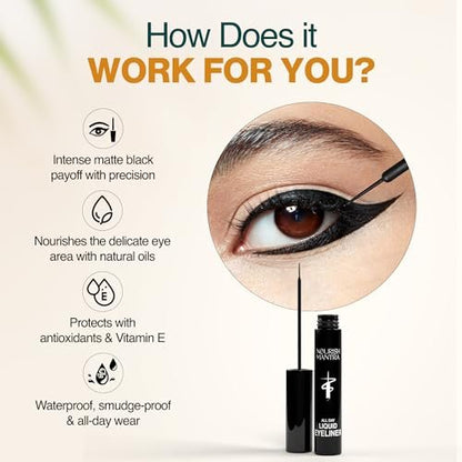 Nourish Mantra All-Day Liquid Eyeliner Waterproof 3ml – Black, Argan Oil & Vitamin E, Smudge Proof, Long Lasting