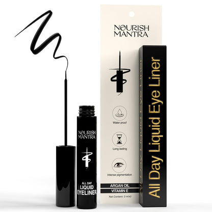 Nourish Mantra All-Day Liquid Eyeliner Waterproof 3ml – Black, Argan Oil & Vitamin E, Smudge Proof, Long Lasting