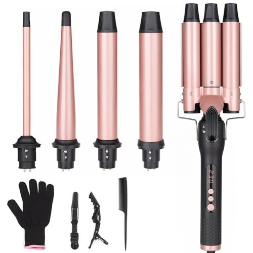 UNOBEY 5 in 1 Curling Wand Set - Rose Gold Ceramic Curling Iron with 3 Barrel and 4 Interchangeable Wands (0.5"-1.25"), Fast Heating, Includes Glove & 2 Clips Avelisse