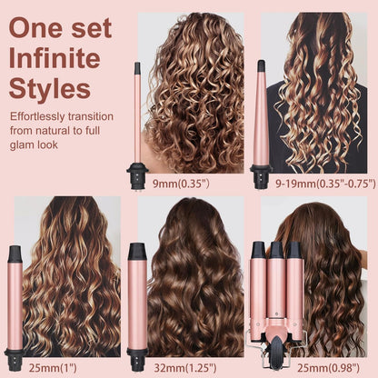 UNOBEY 5 in 1 Curling Wand Set - Rose Gold Ceramic Curling Iron with 3 Barrel and 4 Interchangeable Wands (0.5"-1.25"), Fast Heating, Includes Glove & 2 Clips Avelisse