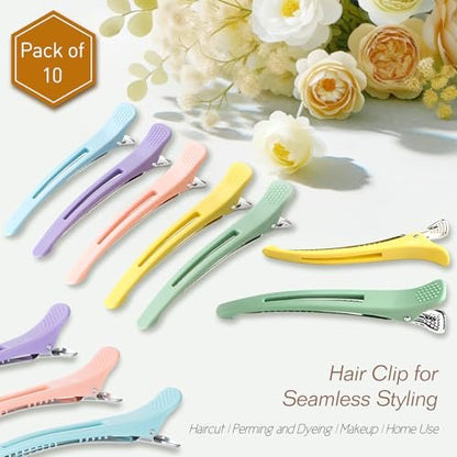 10-Pack Professional Styling Hair Clips - Anti-Slip Silicone-Banded Duck Bill Clips for Hairdressing - Colorful Aluminum Salon Cutting Clips for Women and Men