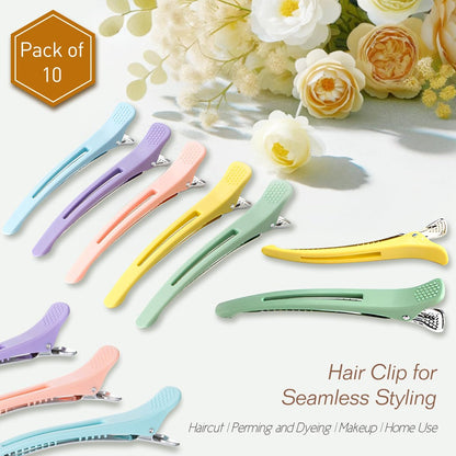 10-Pack Professional Styling Hair Clips - Anti-Slip Silicone-Banded Duck Bill Clips for Hairdressing - Colorful Aluminum Salon Cutting Clips for Women and Men