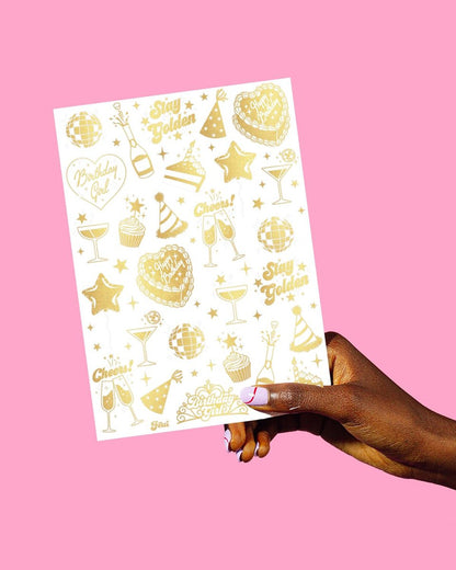 xo, Fetti Golden Birthday Temporary Tattoos - 50 Gold Styles for Birthday Party Decorations, Fun Birthday Girl Party Favors, HBD, Older Wiser Hotter, Fifty and Fabulous, Funny Bday Gift