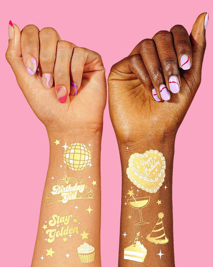 xo, Fetti Golden Birthday Temporary Tattoos - 50 Gold Styles for Birthday Party Decorations, Fun Birthday Girl Party Favors, HBD, Older Wiser Hotter, Fifty and Fabulous, Funny Bday Gift