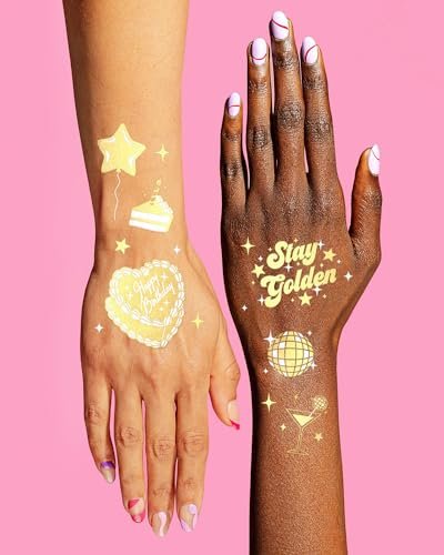 xo, Fetti Golden Birthday Temporary Tattoos - 50 Gold Styles for Birthday Party Decorations, Fun Birthday Girl Party Favors, HBD, Older Wiser Hotter, Fifty and Fabulous, Funny Bday Gift - görsel 7