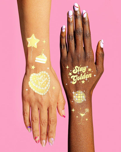 xo, Fetti Golden Birthday Temporary Tattoos - 50 Gold Styles for Birthday Party Decorations, Fun Birthday Girl Party Favors, HBD, Older Wiser Hotter, Fifty and Fabulous, Funny Bday Gift