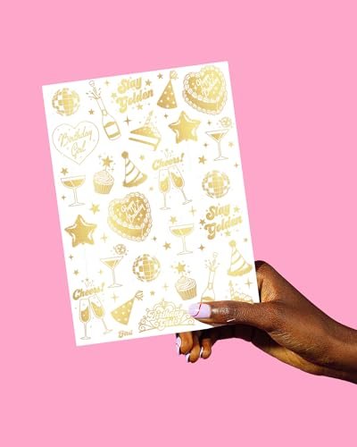 xo, Fetti Golden Birthday Temporary Tattoos - 50 Gold Styles for Birthday Party Decorations, Fun Birthday Girl Party Favors, HBD, Older Wiser Hotter, Fifty and Fabulous, Funny Bday Gift - görsel 9