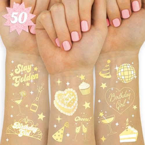 xo, Fetti Golden Birthday Temporary Tattoos - 50 Gold Styles for Birthday Party Decorations, Fun Birthday Girl Party Favors, HBD, Older Wiser Hotter, Fifty and Fabulous, Funny Bday Gift - görsel 1