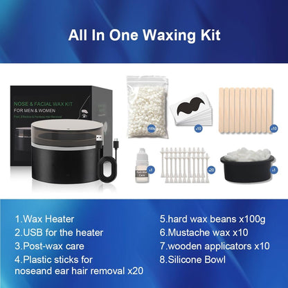 Nose Wax Kit for Men & Women - Nose Hair Wax Kit with 100g Wax Beads, 20 Sticks, Mini Wax Warmer, Portable USB Wax Kit for Facial Hair Removal (Black-USB) Avelisse